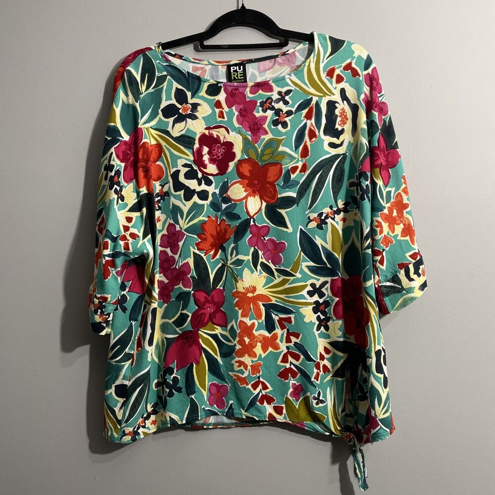 Pure Essence Women's Floral 3/4 Sleeve Blouse With Waist Tie Size Large